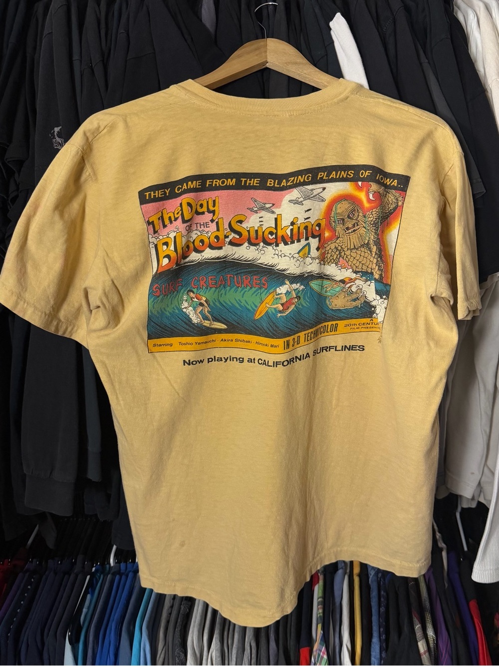 Vintage California Surflines Shirt Men’s Medium Yellow 80s Movie Parody Surfer
